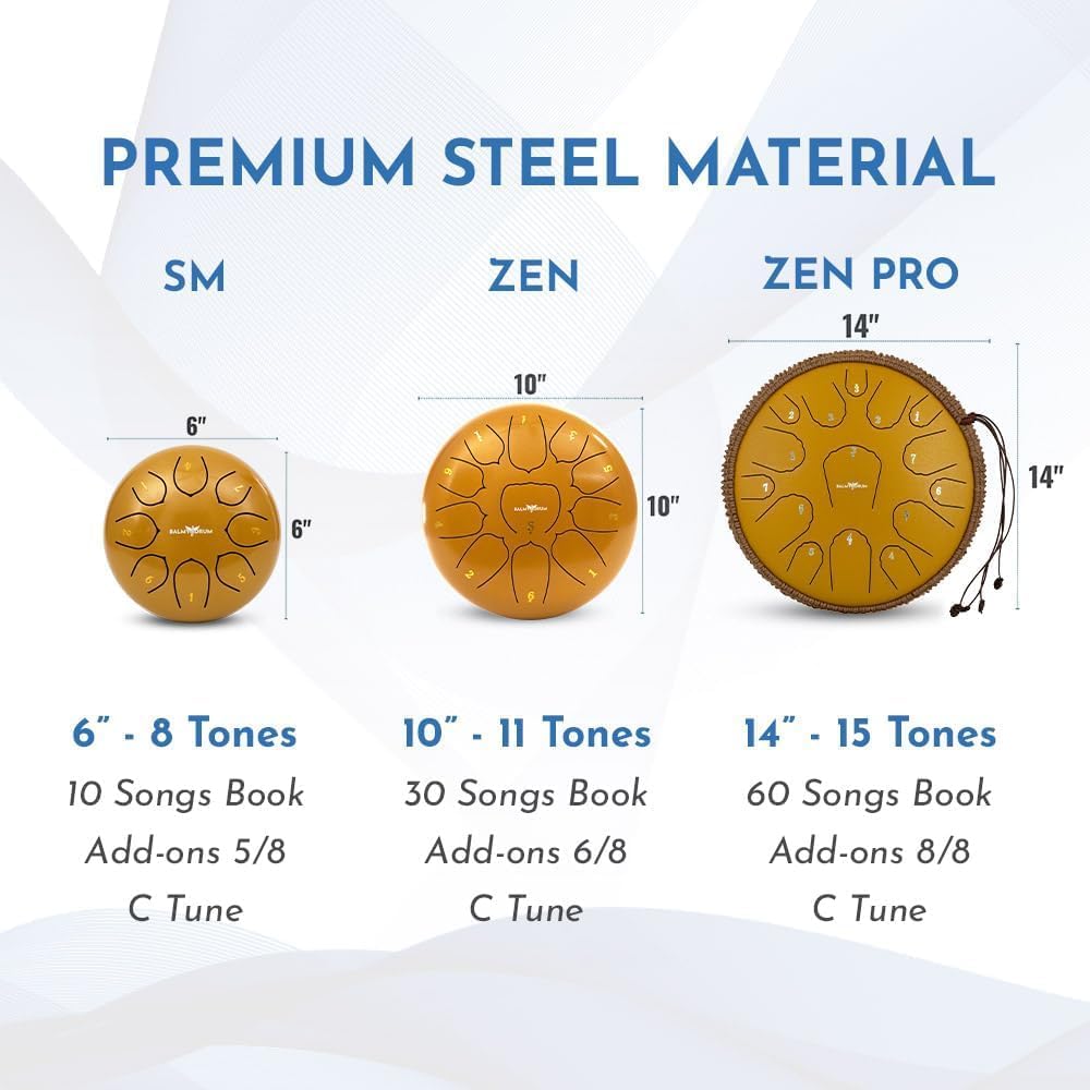The Balmy Drum - 11 Note 10 Inch Steel Tongue Drum, Steel Drum Instrument, Drums For Children and Adults, Balmy Drum Set for Kids with Music Book, Handpan, Mallet and Carry Bag (Gold)