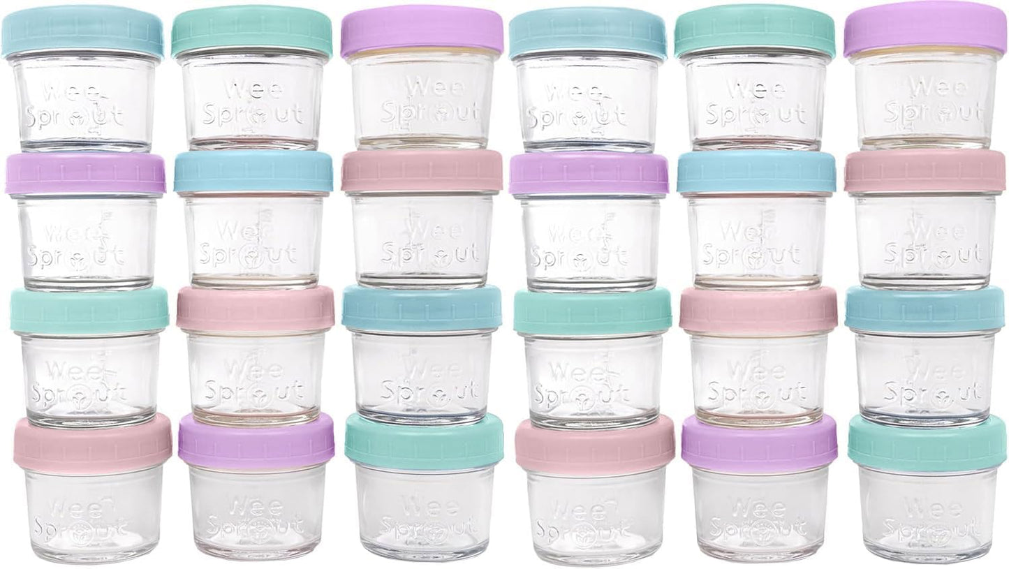 WeeSprout Baby Food Storage Glass Jars w/Lids (4 oz, 24 Pack) Pastel Variety, Snack, Reusable Small Containers, Fridge or Freezer, Microwave & Dishwasher Safe, Essentials for Infants