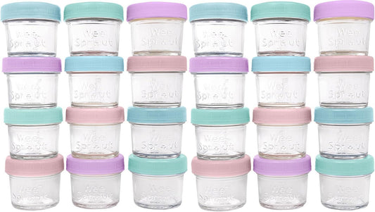 WeeSprout Baby Food Storage Glass Jars w/Lids (4 oz, 24 Pack) Pastel Variety, Snack, Reusable Small Containers, Fridge or Freezer, Microwave & Dishwasher Safe, Essentials for Infants