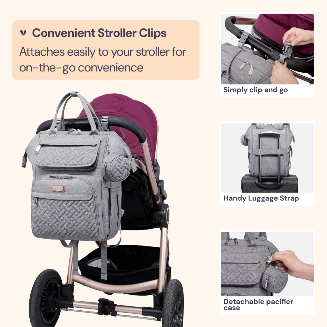BabbleRoo Diaper Bag Backpack, Multifunction Large Bags with Changing Pad & Stroller Straps & Pacifier Case, Unisex Stylish Travel Back Pack Nappy Changing Bag for Moms Dads (gray)