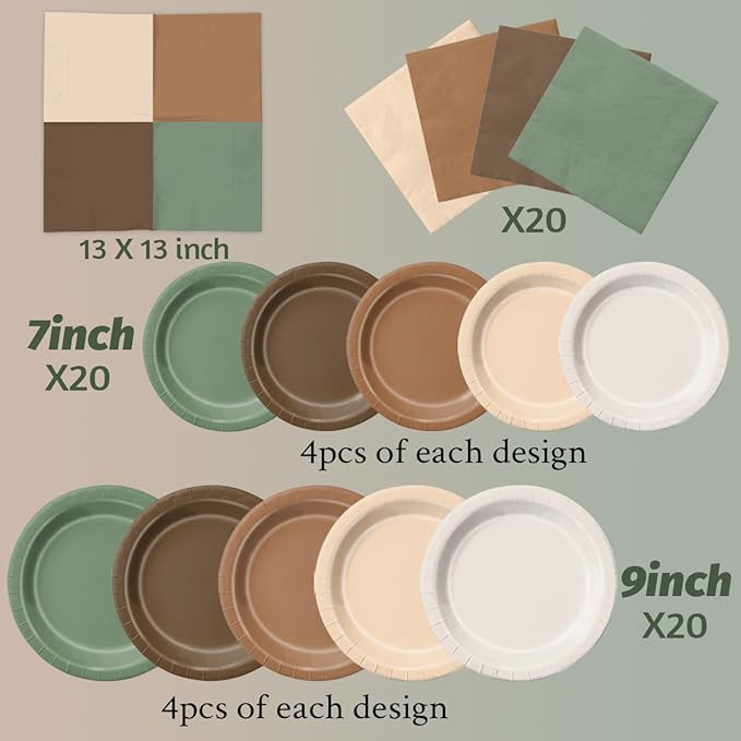 CMUSKO Woodland Baby Shower Decorations - 60pcs Brown Sage Green Forest Animal Theme Plates & Napkins Kit - Safari Party Supplies for Birthday, Baby Shower Neutral