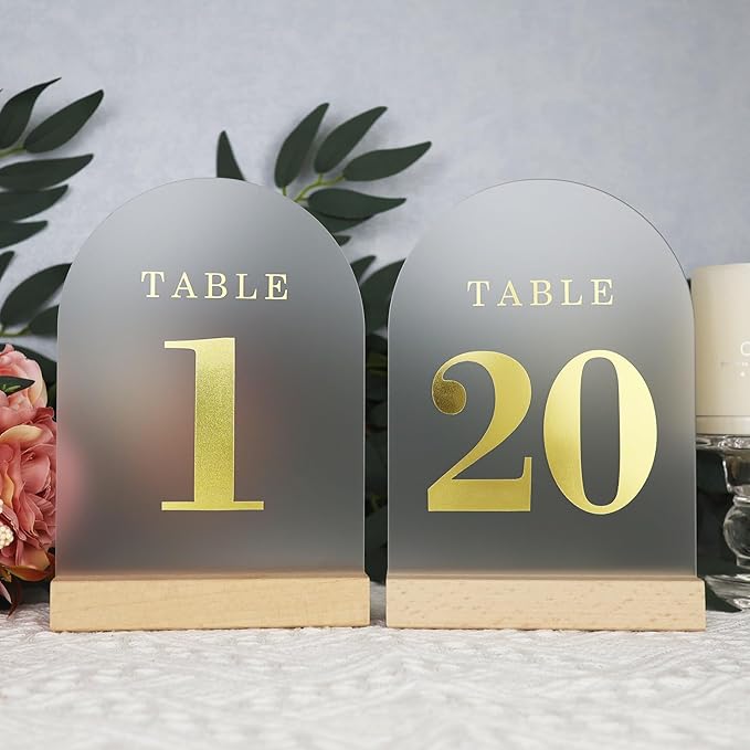 Frosted Blank Arch Acrylic Sign with Wooden Stands - 10 Pack DIY Customizable Sign Kit for Wedding Table Numbers, Restaurant Party Bridal Shower (4x6 Inch)