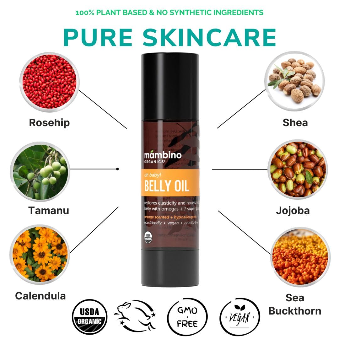 Mambino Organics Oh Baby! Belly Oil – Organic Elasticity Serum with Egyptian Calendula, Vietnamese Tamanu & Dutch Shea – Pregnancy Oil for Stretch Marks – Vegan Cruelty-Free Maternity Care, 4 fl oz