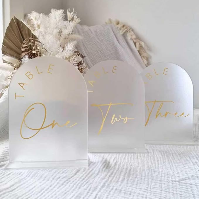 JINMURY Frosted Arch Wedding Table Numbers 1-25 with Stands, 5x7 Inch Acrylic Arch Sign with Golden Lettering, Frosted Acrylic Table Numbers for Wedding Reception