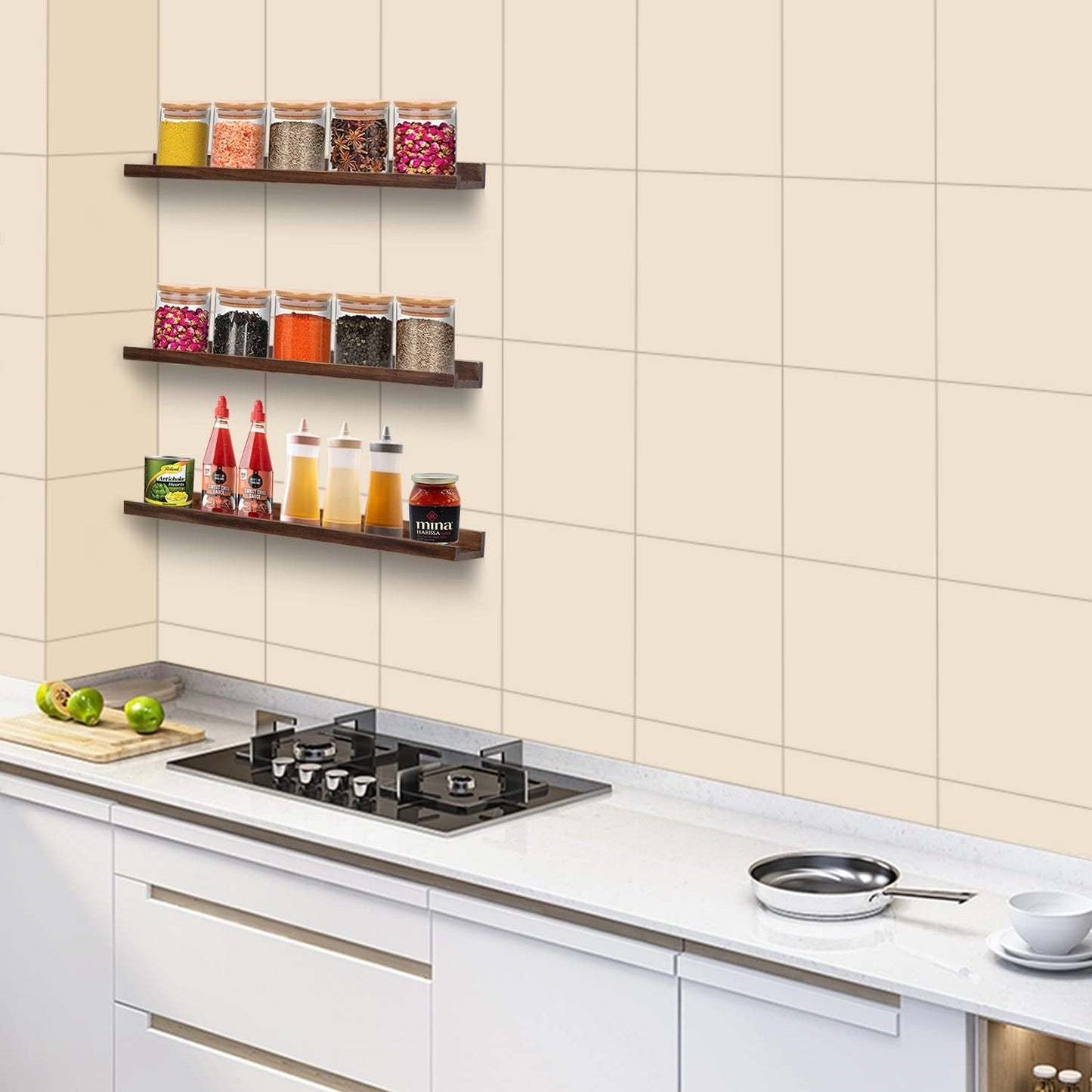 AZSKY 24 Inch Floating Shelves Rustic Wood Wall Shelf Deep Dark Walnut Floating Shelves a Set of 3 Hanging Narrow Picture Photo Ledge Shelves Wall Mounted Bathroom Bedroom Kitchen Office Décor