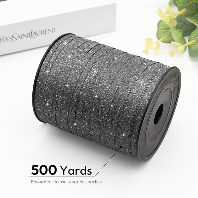 Black Glitter Curling Ribbon, 1/5" Wide x 500 Yards Christmas Curling Ribbons for Gift Wrapping, Party Decoration, Balloon String, Crafting, Balloon Ribbons for Florist Flower (1 Roll)