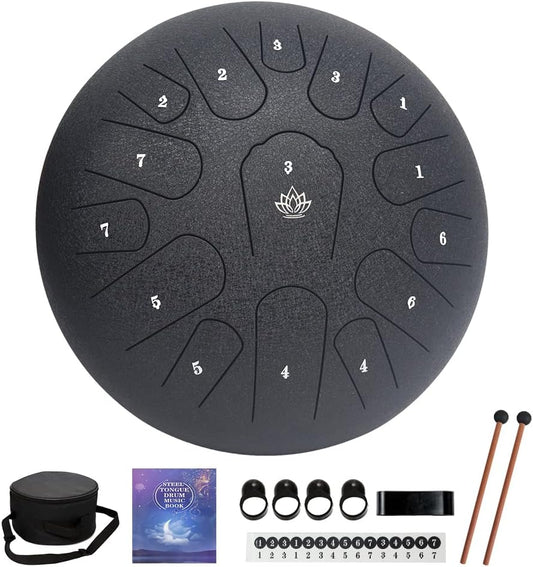 Rain Drum for Outside Garden,Steel Tongue Drum 12 Inches 15 Notes Musical Instruments, Handpan Drum Percussion Instrument, with Soft Bag, Music Book, 2 Mallets, for Meditation or Yoga (Black)