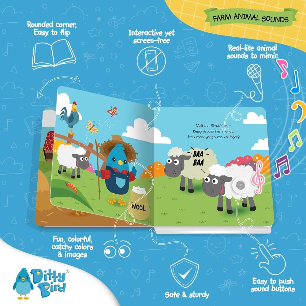 Ditty Bird Farm Animals Sound Book for Toddlers | Interactive Farm Board Book with Real Animal Sounds | Touch & Sound Book for Ages 1-3 | Sensory, Musical Book for Toddlers