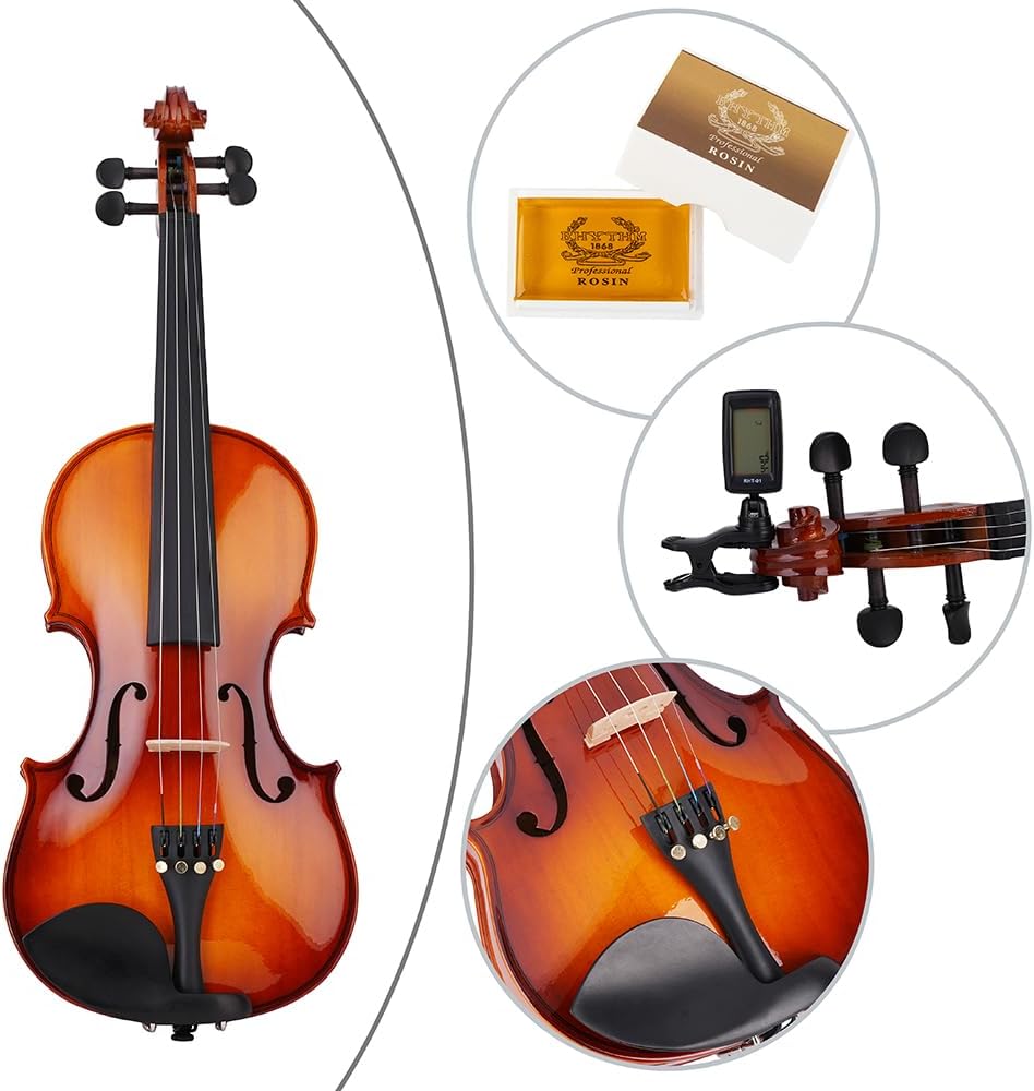 Rhythm Violin Set for Beginners,Acoustic Violins Starter Kit Package for Student,Beginners Fiddle with Hard Case, Rosin, Shoulder Rest, Bow, and Extra Strings (NATURAL, 3/4)