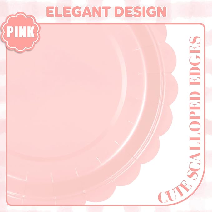 24 Pcs Pink Paper Plates 9 Inch Scalloped Dessert Plates - Disposable Pink Cake Plate - Baby Shower Birthday Party Wedding Bridal Party Supplies