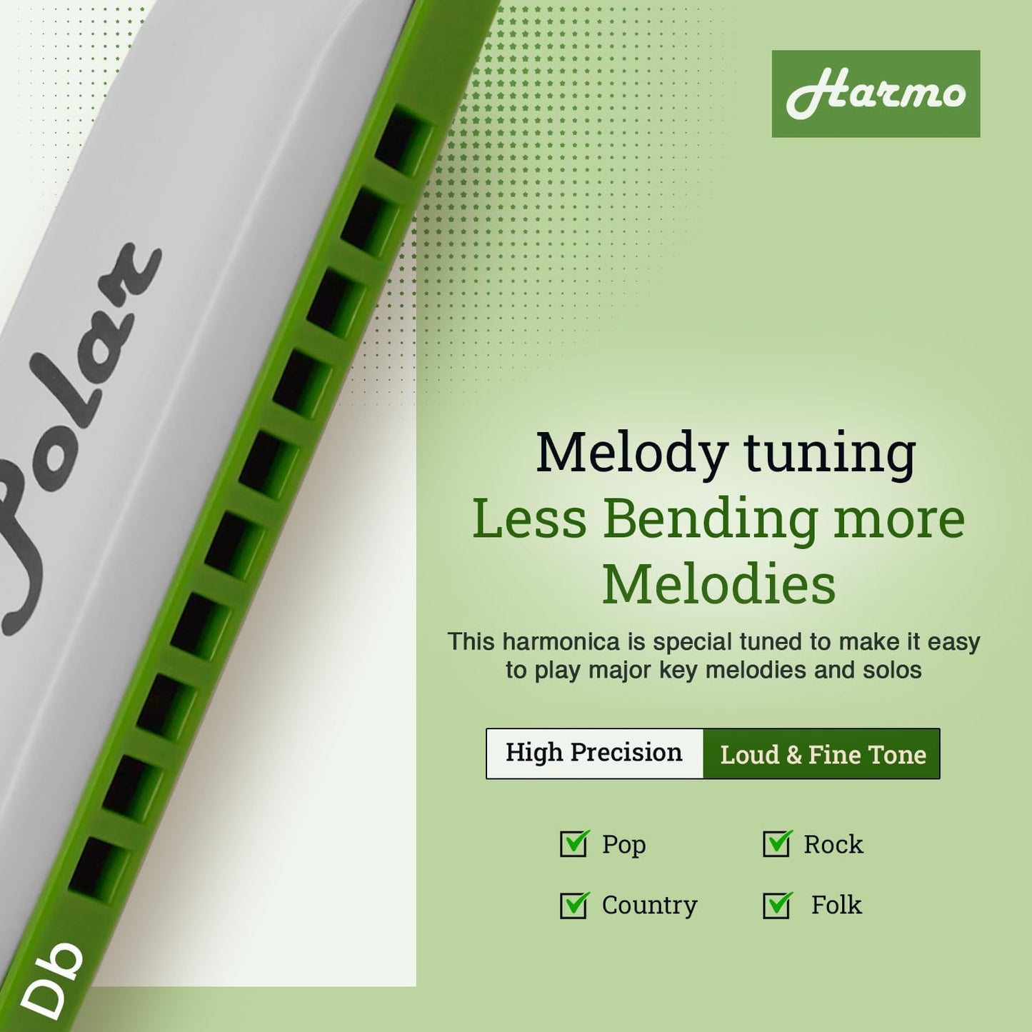 Polar Diatonic Melody Tuned Harmo Harmonica Key of Db - Special Tuning for Easy Melodies in Cross Harp, 2 Octaves Without Bends, Loud & Responsive with Smooth Edges - USA-Checked