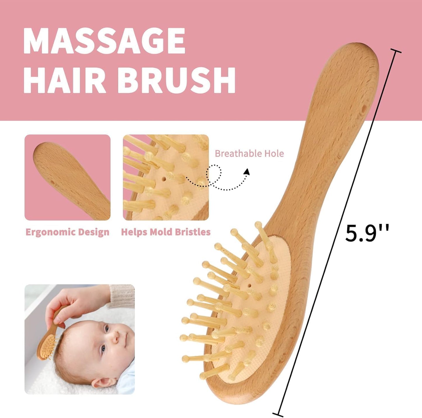 Goat Baby Hair Brush Set, Wooden Comb Massage Scalp Comb, Safe Natural Hair Care Kit, Soft Silicone Bath Brush for Newborns Toddlers (Brush Set+ Pink Massager)