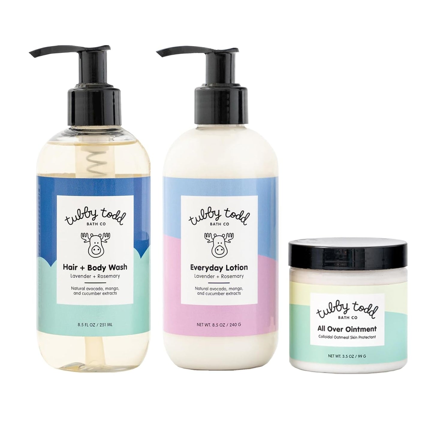 TUBBY TODD 3-Step Baby Bath & Skincare Routine - The Regulars Bundle - 8.5oz Baby Shampoo and Body Wash, 8.5oz Everyday Lotion & 3.5oz All Over Ointment - Lavender Rosemary