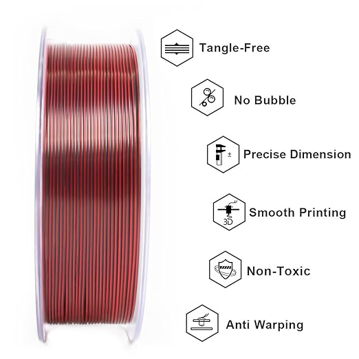 Geeetech Silk PLA Tri Color Filament 1.75mm 3D Printer Filament, Coextrusion Red Gold Black Tri-Colors Metal-Like Shiny Silk PLA Filament, 1kg (2.2lbs) 1 Spool, Dimensional Accuracy +/- 0.02 mm