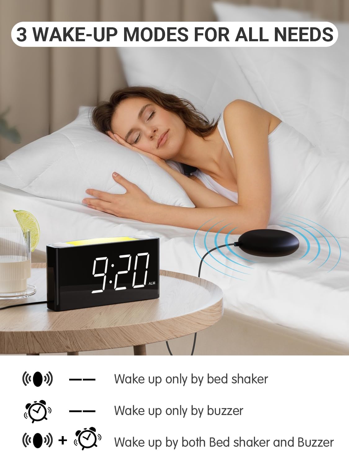 Vibrating Alarm Clock,PPLEE Loud Alarm Clock for Heavy Sleepers Hearing Impaired Deaf Teens,Bed Shaker Alarm Clocks for Bedrooms,5 dimmable,7 Color Night Light,USB charging,Type-C Charger,Memory Alarm