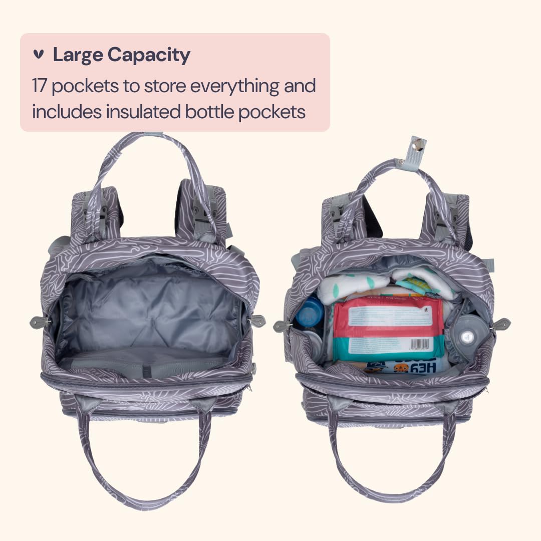 BabbleRoo Diaper Bag Backpack - Baby Essentials, Travel Essentials Baby Bag with Changing Pad, Stroller Straps & Pacifier Case - Unisex, Gray Swirls