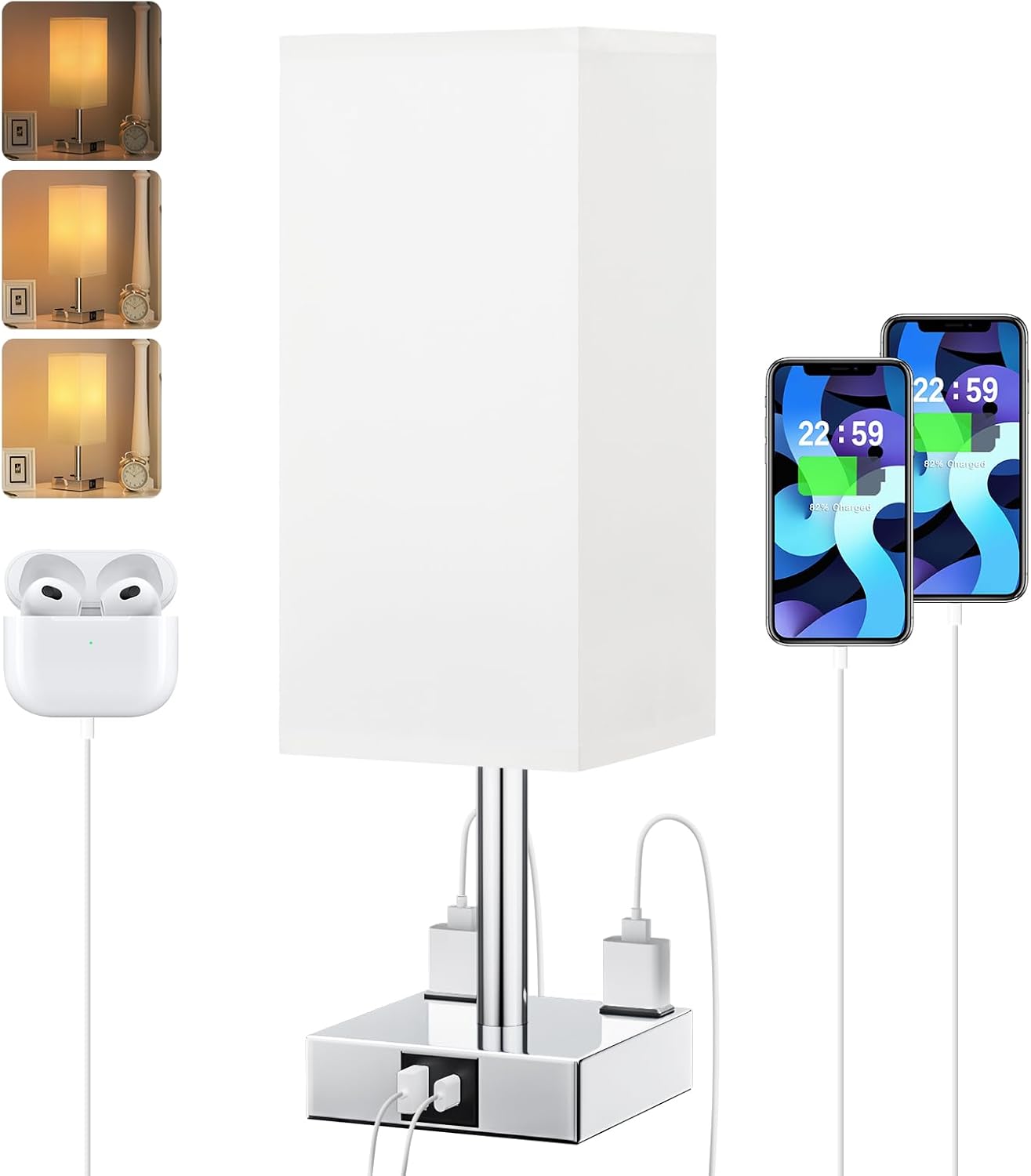 Touch Bedside Table Lamp for Nightstand - 3-Way Dimmable Night Lamp with USB A + Type C Charging Ports and Two AC Outlets, Small Desk Light with E26 LED Bulb for Bedroom Living Room Dorm Office,White