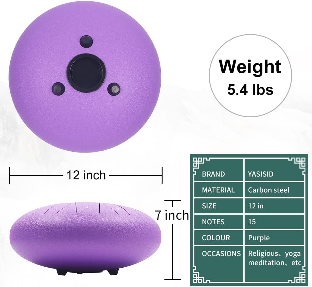 Rain Drum for Outside Garden,Steel Tongue Drum 12 Inches 15 Notes Musical Instruments, Handpan Drum Percussion Instrument, with Soft Bag, Music Book, 2 Mallets, for Meditation or Yoga (Purple)