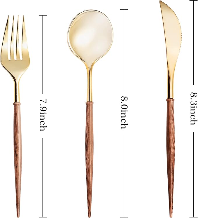 Lullaby 120PCS Gold Plastic Silverware, Gold Disposable Cutlery with Wood Grain Handle Include 40 Forks, 40 Spoons, 40 Knives, Elegant Disposable Silverware for Wedding, Party, Gathering, Daily Use