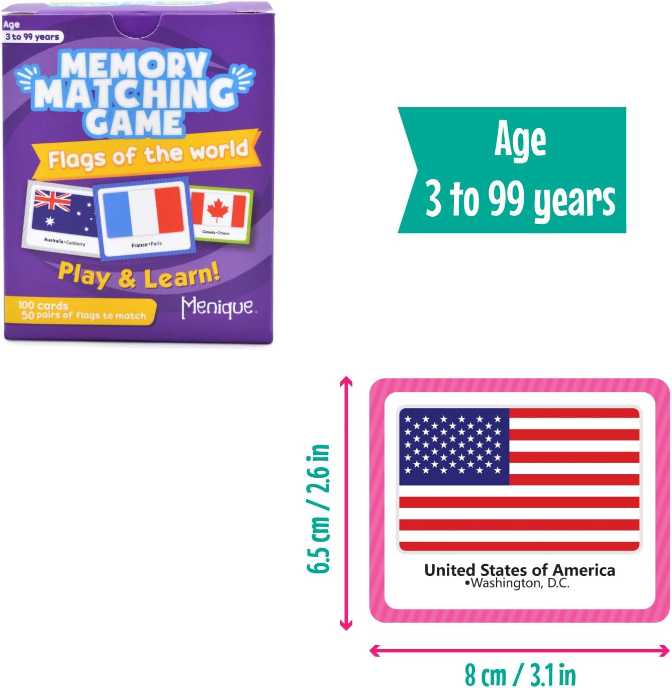 Menique Flags of The World Memory Matching Game – 100 Cards, 50 Countries to Match – Educational & Fun for Kids and Adults – Color-Coded by Continent – Learn Flags, Capitals, and Geography