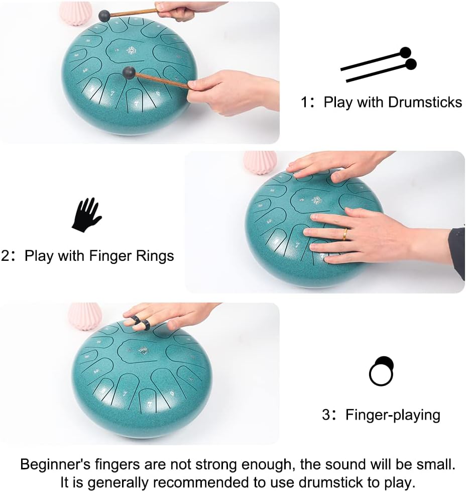 Rain Drum for Outside Garden,Steel Tongue Drum 12 Inches 15 Notes Musical Instruments, Handpan Drum Percussion Instrument, with Soft Bag, Music Book, 2 Mallets, for Meditation or Yoga (Green)