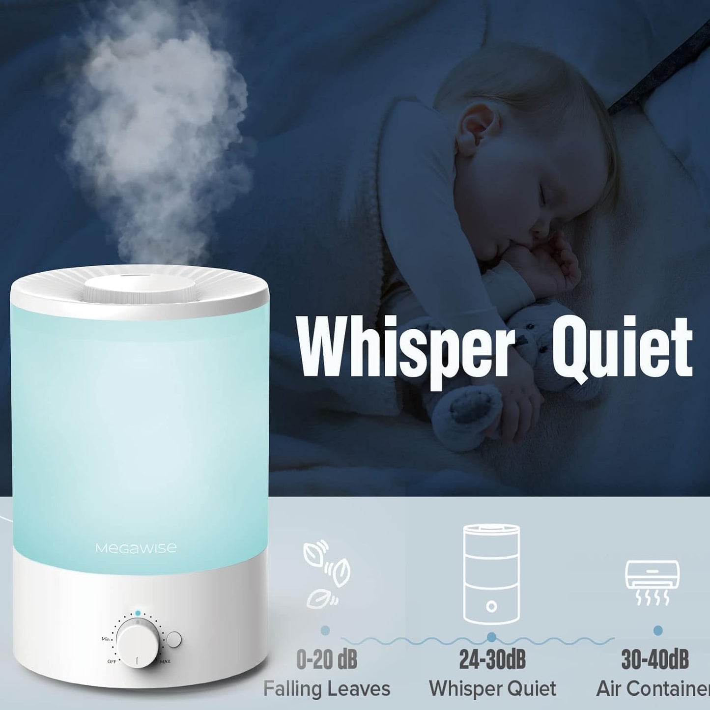 MEGAWISE 3.5L Cool Mist Humidifier – Ultra-Quiet Ultrasonic Vaporizer with Top-Fill Design, Essential Oil Diffuser, 7-Color Night Light & Auto Shut-Off