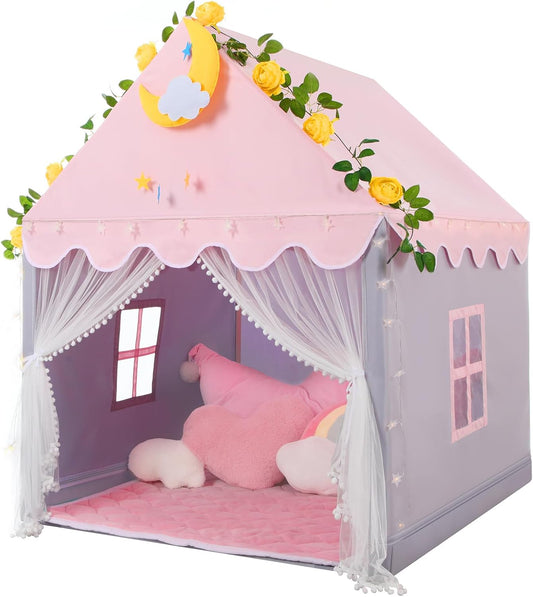 Wilwolfer Kid Tent with Mat, Star Lights - Kids Play Tents for Toddlers Kids Tents Indoor Playhouse - Princess Tent for Girls Toy House Gift (Gray with Mesh)