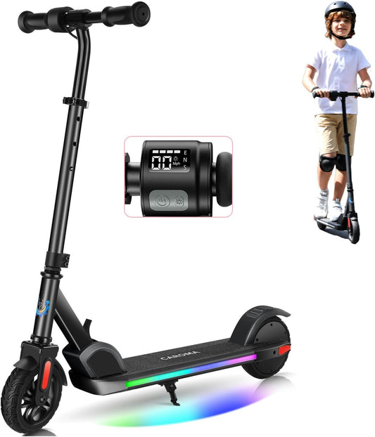 Caroma Electric Scooter for Kids Ages 6-12,150W/180WMotor,10 MPH Max Speed & 7 Miles,Colorful Lights,Adjustable Height & Speed,LED Display,Foldable Kids Electric Scooter 132 Lbs Max Load,Idea Gift