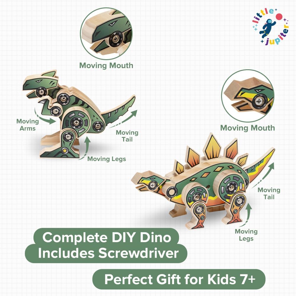 Little Jupiter DIY Wooden Kit with Stickers - Dinosaur Toys for Kids for 7-12 Yrs - Dinosaur Toy Woodworking Kits - Wood Crafts - Building Kit - Wooden Crafts (Stegosaurus & TRex)