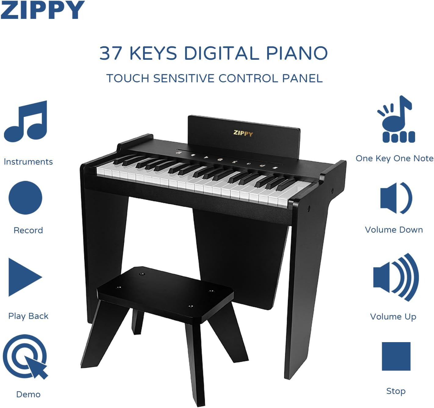 ZIPPY Kids Piano Keyboard, 37 Keys Digital Piano for Kids, Touch Sensitive Control Panel, Built-in Songs, Volume Adjustable, Music Educational Instrument, Wood Piano for 3+ Girls and Boys (Black Plus)
