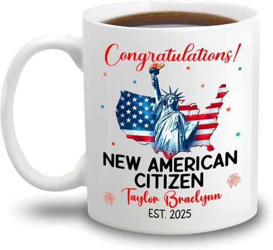 Congratulations New American Citizen Coffee Mug 11Oz 15Oz, Personalized Year & Name White Cup Gift For Sister Brother New US Citizen, Novelty American Flag Coffee Cup, Customized US Citizenship Mug