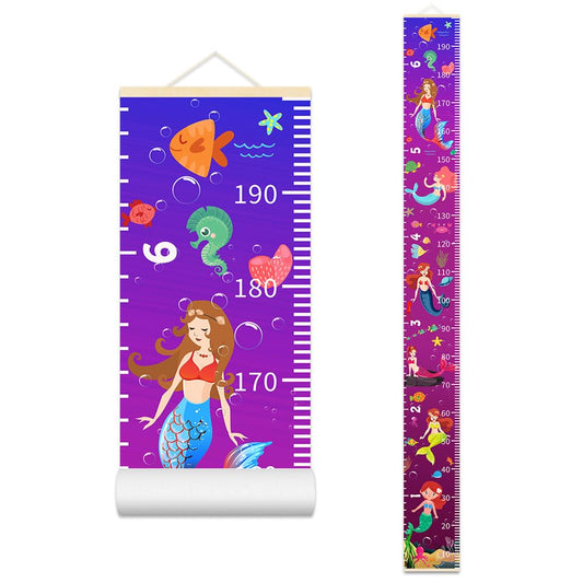 Ocean Mermaid Growth Chart for Kids Baby Height Chart Ruler Removable Canvas Wooden Frame Hanging Wall Rulers Measurement Charts for Toddler Room Nursery Decor - 79"X7.9" with Beige Wood