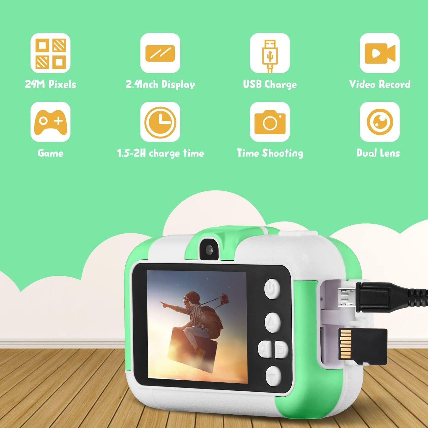 SUZIYO Kids Video Camera, Best Christmas Birthday Gifts Toys for Children, Toddlers Selfie Digital Camcorder 1080P Dual Lens 2.4 Inch HD for Age 3-8 Years Old Boys Girls with 32G SD Card, Green