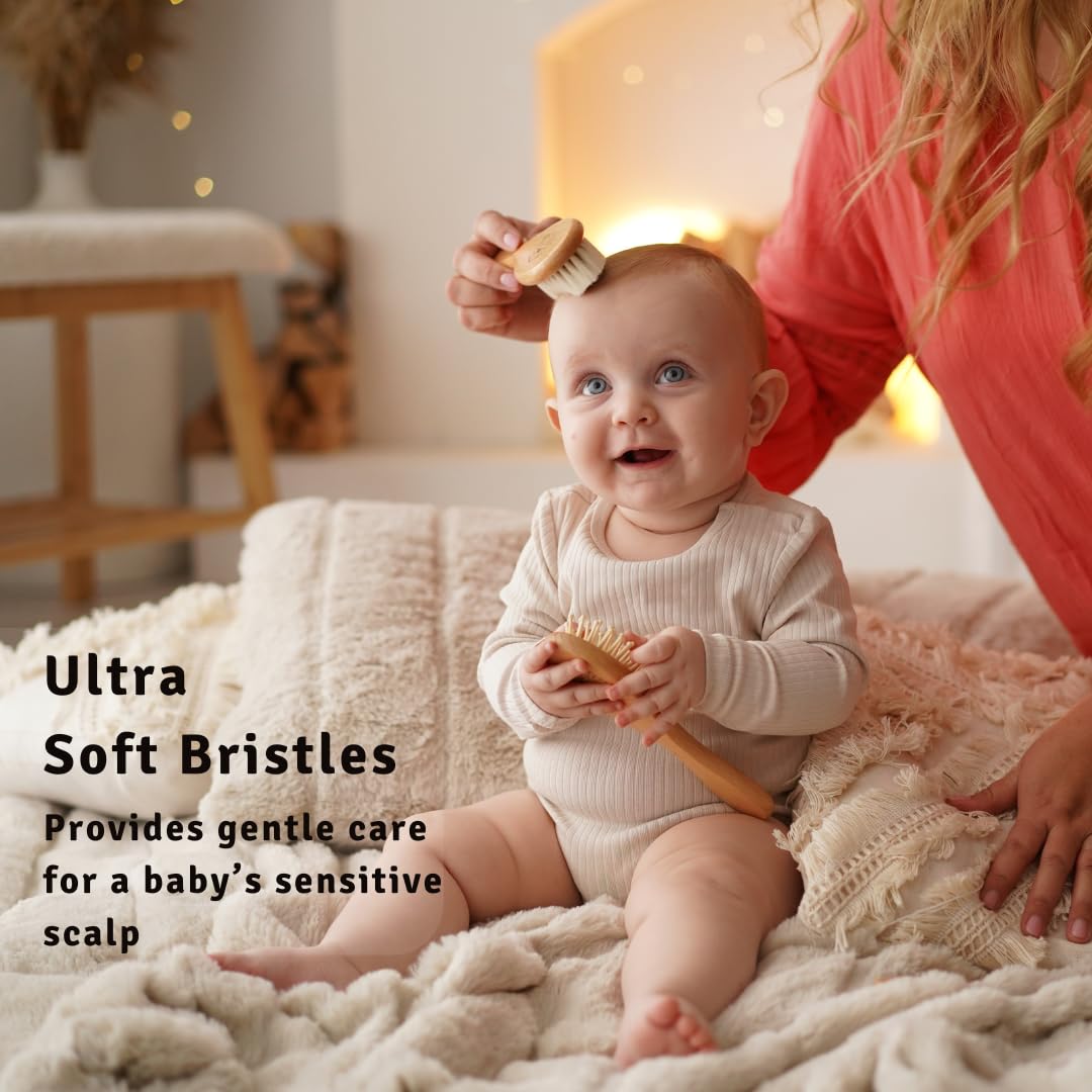 Baby Hair Brush Set for Newborns & Toddlers - Baby Brush and Comb Set - Ultra Soft Goat Hair Bristles, Perfect for Cradle Cap, Newborn Showers & Registries Gift, Comb Brush for Girls & Boys