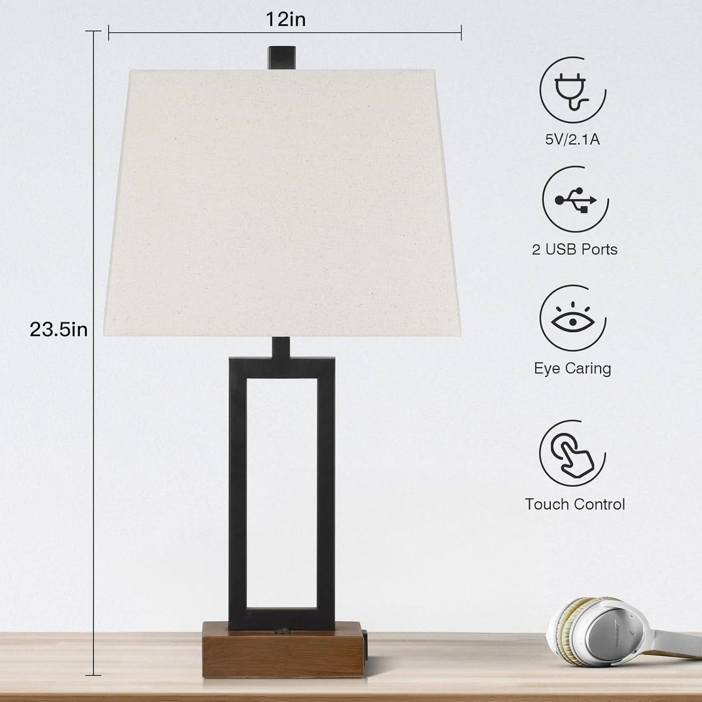 Table Lamp for Bedroom Set of 2 with 2 USB Ports and AC Power Outlet, 23.5" Modern Bedside Lamp, Wood Nightstand Lamp with Linen Shade for Living Room Hotel Desk(LED Bulb Included)