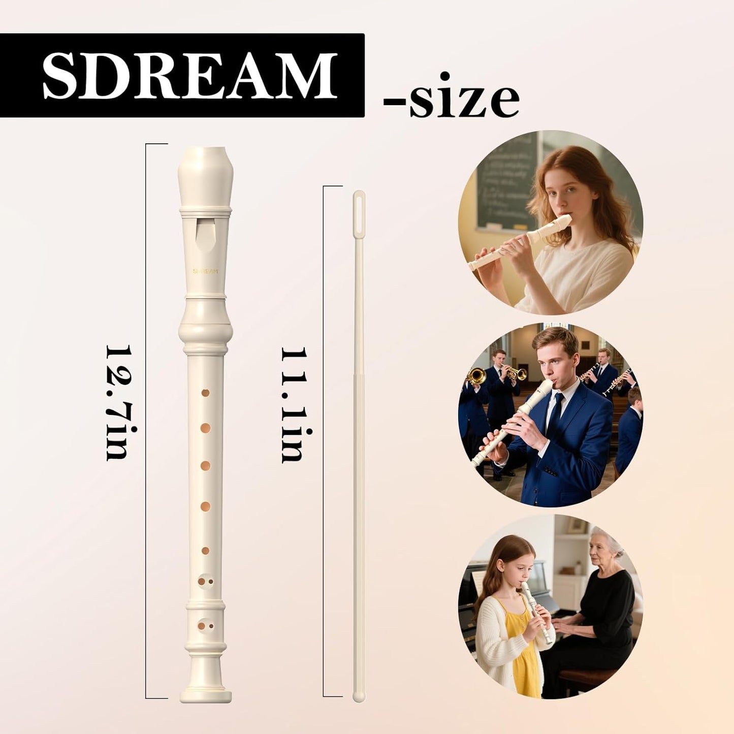 SDREAM Soprano Recorder Instrument for Kids Beginners&Student,8 Hole German Fingering Recorder Flute with Cleaning Rod & Leather Bag (White)