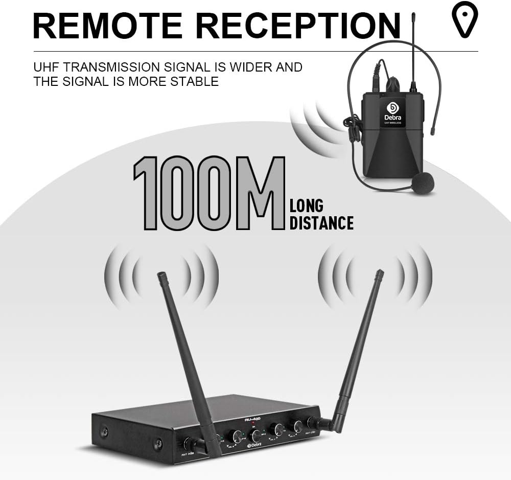 D Debra Audio AU400 Pro UHF 4 Channel Wireless Microphone System with Cordless Handheld Lavalier Headset Mics, Metal Receiver, Ideal for Karaoke Church Party (with 4 Bodypack (B))