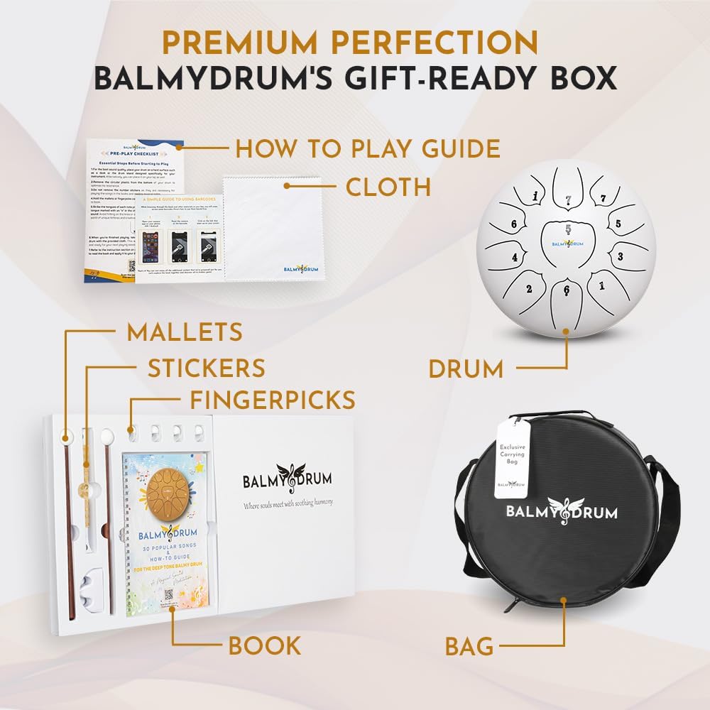 The Balmy Drum - 11 Note 10 Inch Steel Tongue Drum, Steel Drum Instrument, Drums For Children and Adults, Balmy Drum Set for Kids with Music Book, Handpan, Mallet and Carry Bag (White)