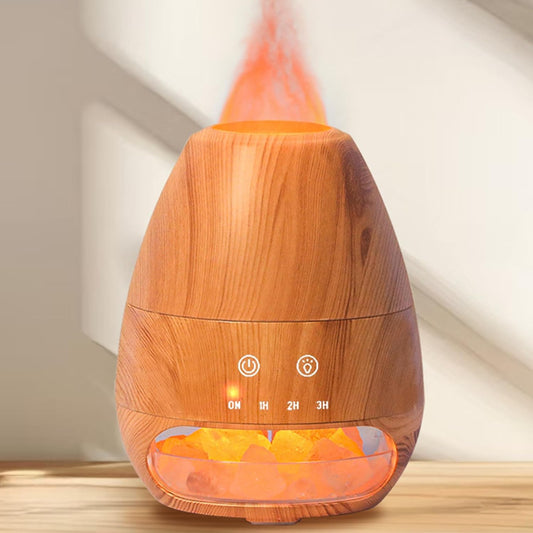 Ultrasonic Essential Oil Diffuser with Himalayan Salt Rock,Flame Diffuser with 2 Color Light,Small Aromatherapy Oil Diffuser with Auto Off Function for Home, Office,Spa,100ML,Wooden Grain