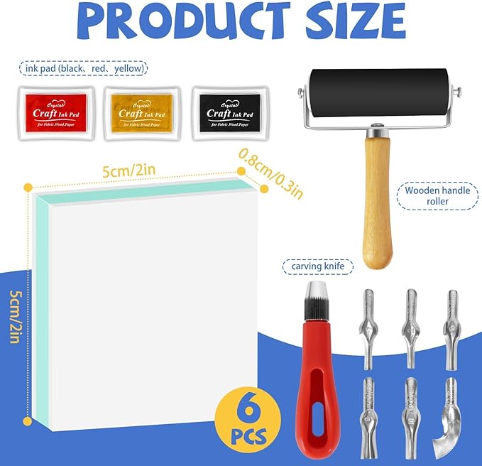 6pcs 2"x2" Rubber Carving Blocks, Linoleum Block Stamp Making Kit for Beginners - DIY Stamp Making, Printmaking Crafts (White & Green)