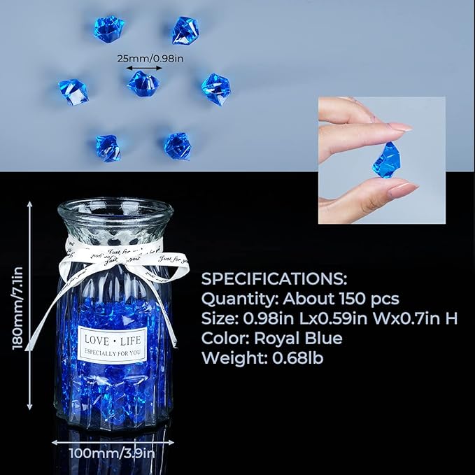 Babenest Acrylic Crushed Ice Rocks, 150 PCS Fake Crystals Plastic Ice Cubes Diamonds Gems for Vase Fillers, Home Decoration, Table Scatter, Event, Wedding, Arts & Crafts (Royal Blue)