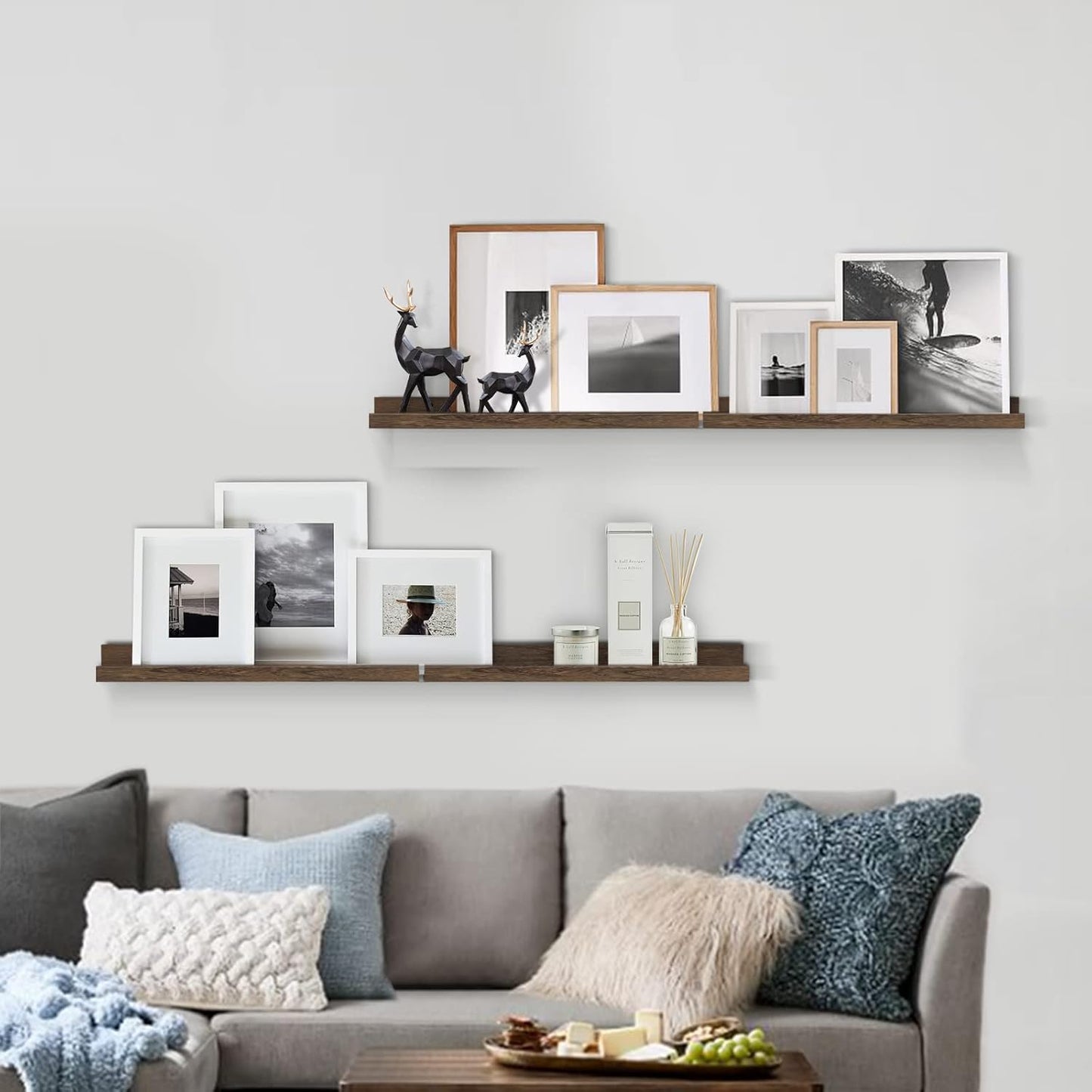 Forbena Rustic Picture Ledge Shelf Set of 4, Floating Picture Shelves for Wall with Lip, Wood Photo Ledge Shelves for Bedroom, Living Room, Office, Wall Decor (23.1 Inch Wide, Dark Brown)