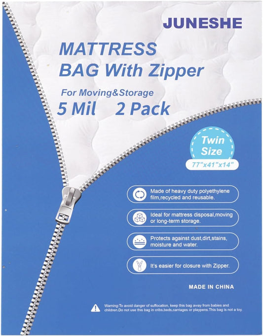 2 Pack Twin Mattress Bags for Moving and Storage-5 Mil Zipper Plastic Waterproof Mattress Storage Bags
