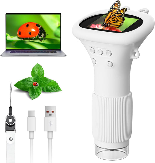 Microscope for Kids, Ahalfcit Microscope with 2'' Inch Screen -1000X Zoom Portable Camera, Birthday for 3 4 5 6 7 8 9 0 11 12 Years Old Kids,Science Educational Toys - White