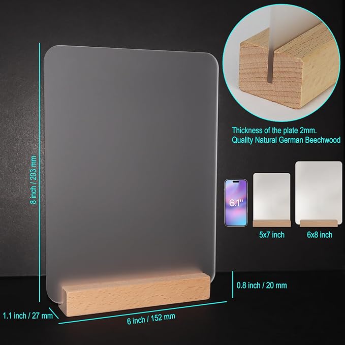 Frosted Blank Acrylic Sign with Wooden Stands - 10 Pack DIY Rectangle Customizable Sign Kit for Wedding Table Numbers, Restaurant Party Bridal Shower (6x8 Inch)