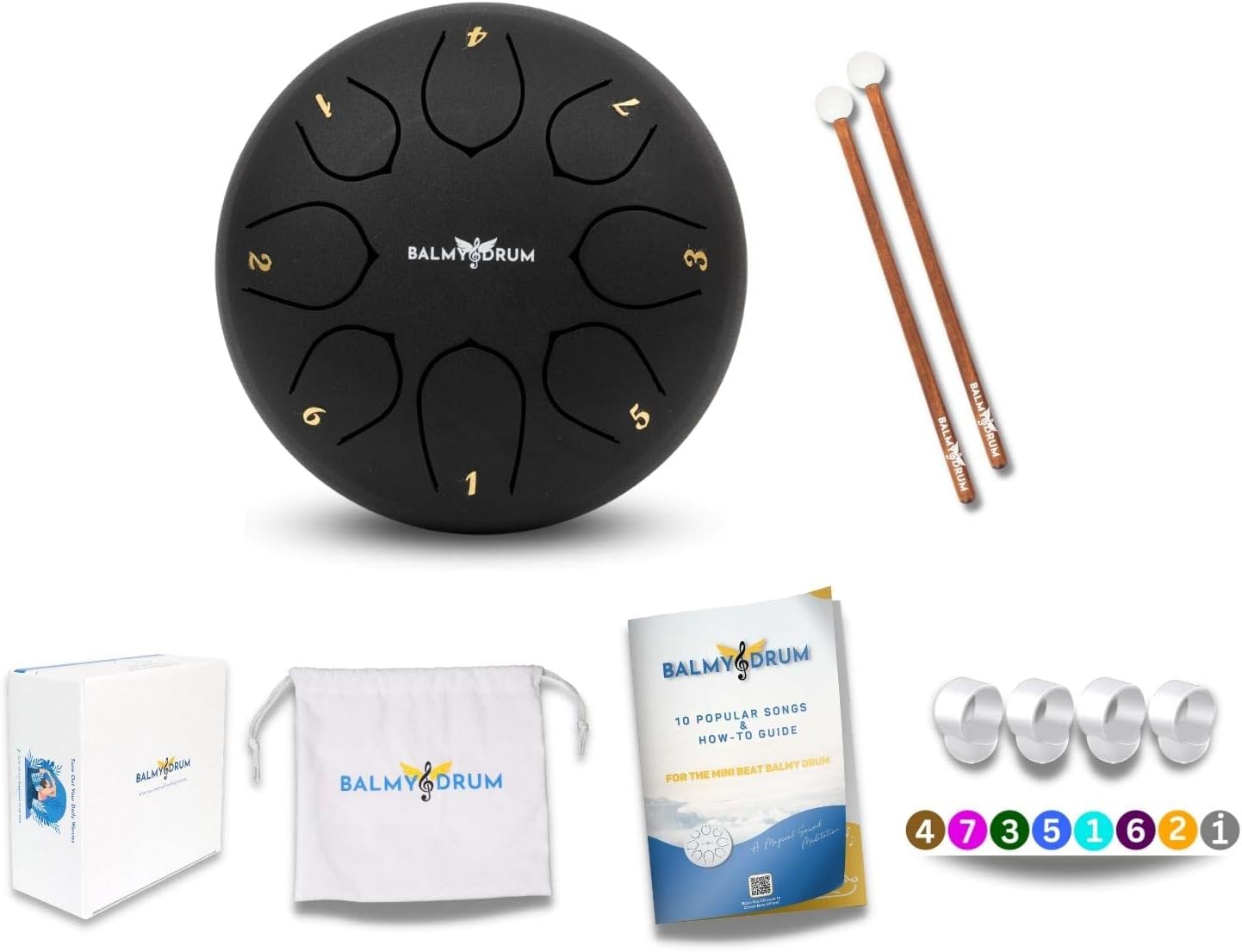The Balmy Drum - 8 Note 6 Inch Steel Tongue Drum, Steel Drum Instrument, Drums For Children and Adults, Balmy Drum Set for Kids with Music Book, Handpan, Mallet and Carry Bag (Black)