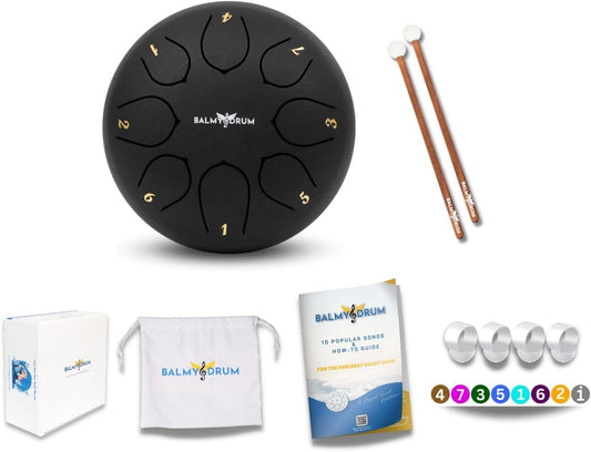 The Balmy Drum - 8 Note 6 Inch Steel Tongue Drum, Steel Drum Instrument, Drums For Children and Adults, Balmy Drum Set for Kids with Music Book, Handpan, Mallet and Carry Bag (Black)