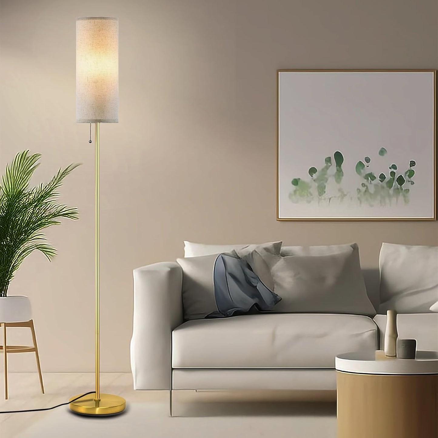 Modern Floor Lamp for Living Room, Gold Standing Lamps with 3 Color Temperatures Bulb, Minimalist Tall Lamp with Chain Switch for Bedroom, LED Bulb Included(Beige Shade+Gold)
