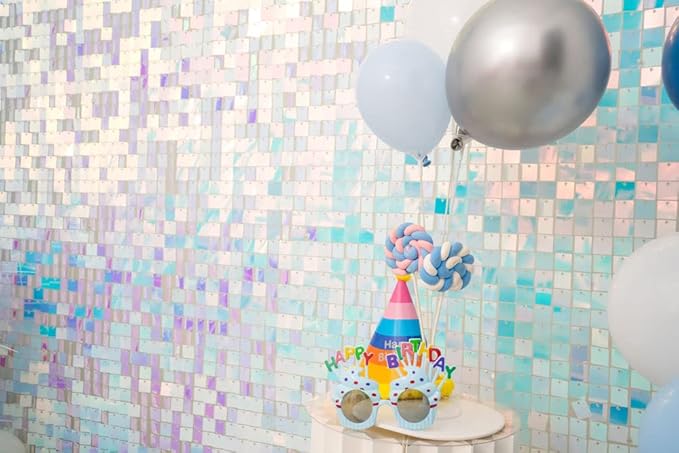 Kate Square Rainbow Blue Sequin Wall Panels Wedding Decoration Wall Shimmer Birthday Party (Pack of 12)
