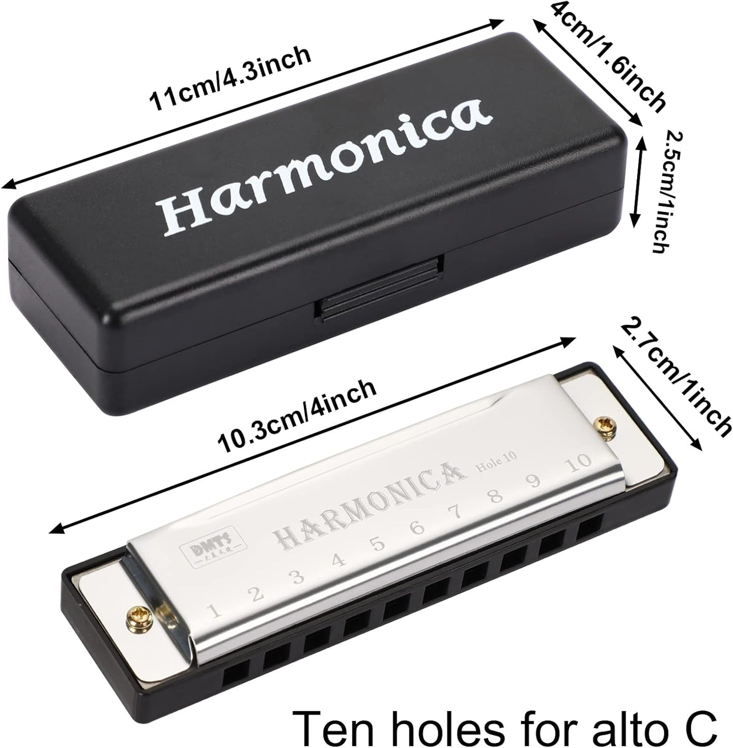 UPINS Harmonica, 4PCS Key of C 10 Hole 10 Tones Titanium Color Harmonica with Case for Beginner (Silvery)
